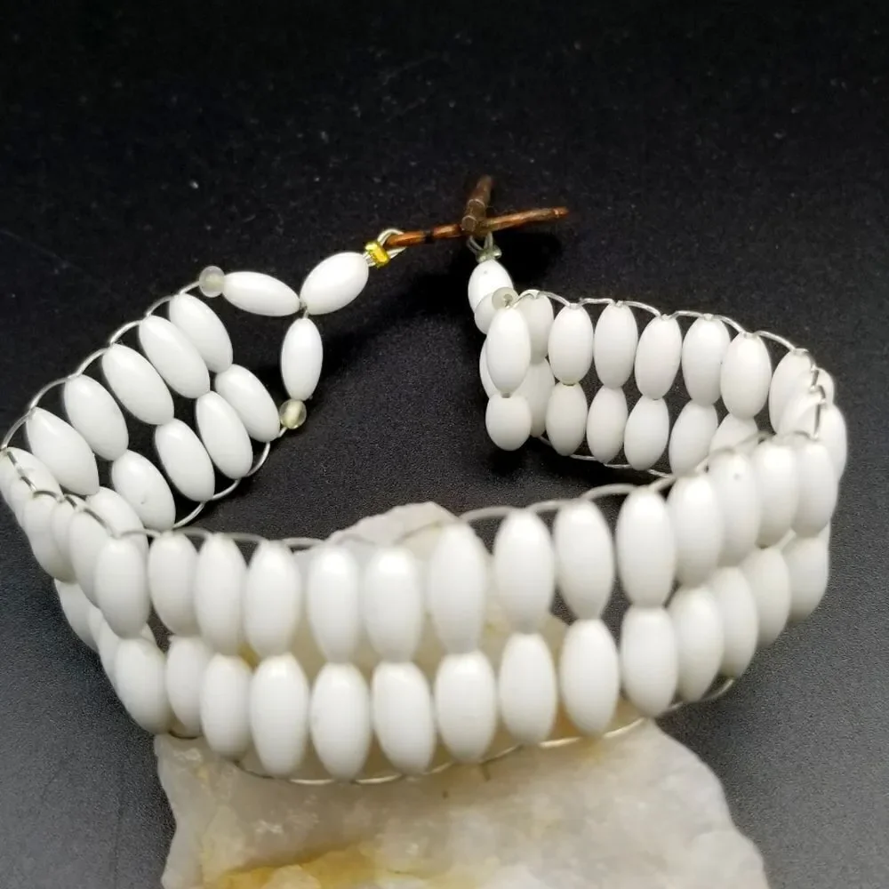 Native bone white beaded multi tier bracelet. B312